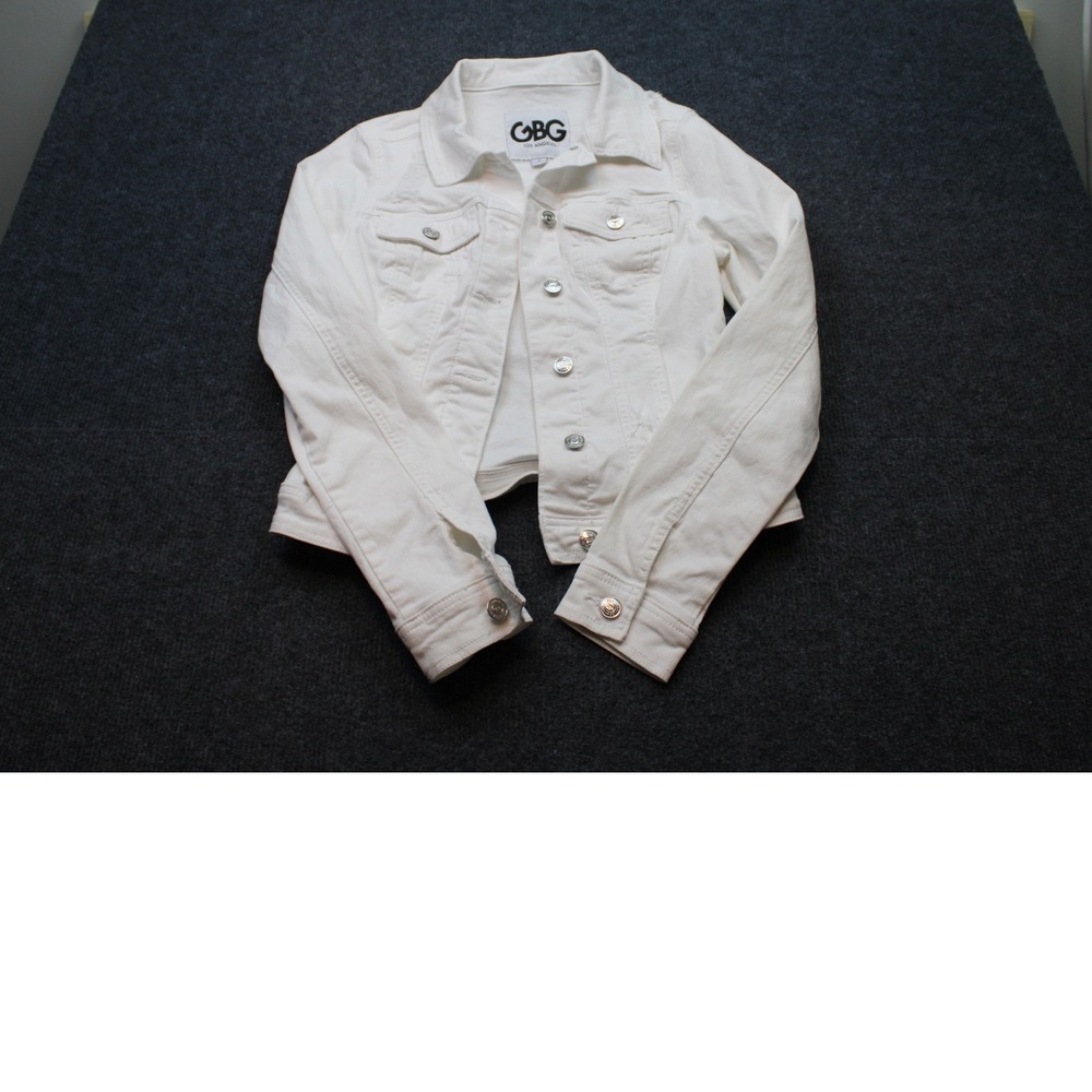 GBG Los Angeles Womens White Distressed Cropped Denim Trucker Jacket Small